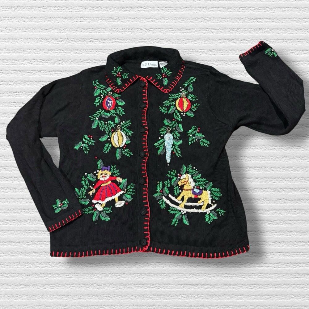 Vtg B.P. Design Granny Xmas Sweater M Black Embroidered Beaded Holiday Cardigan